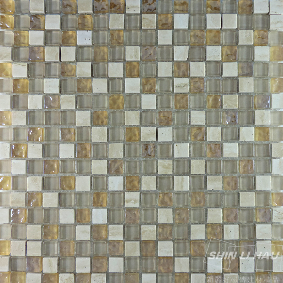 玻璃馬賽克-水石混拼[廚房、衛浴空間、主題牆適用] - 米色(單顆尺寸:1.5x1.5x0.8CM)