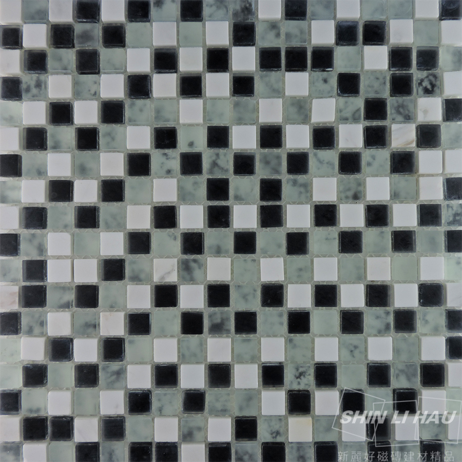 玻璃馬賽克-水石混拼[廚房、衛浴空間、主題牆適用] - 黑白色(單顆尺寸:1.5x1.5x0.8CM)