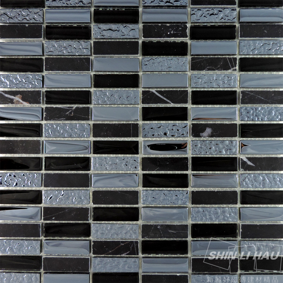玻璃馬賽克-水石混拼[廚房、衛浴空間、主題牆適用] - 黑色(單顆尺寸:1.5x4.8x0.8CM)