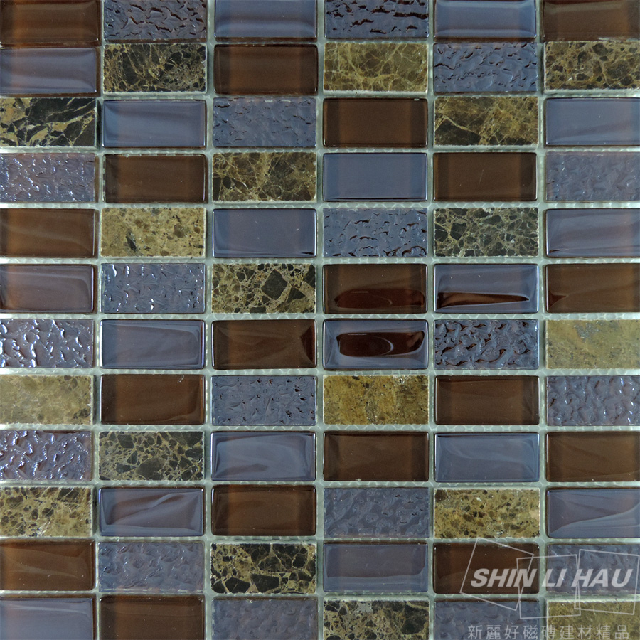 玻璃馬賽克-水石混拼[廚房、衛浴空間、主題牆適用] - 咖啡色(單顆尺寸:2.3x4.8x0.8CM)
