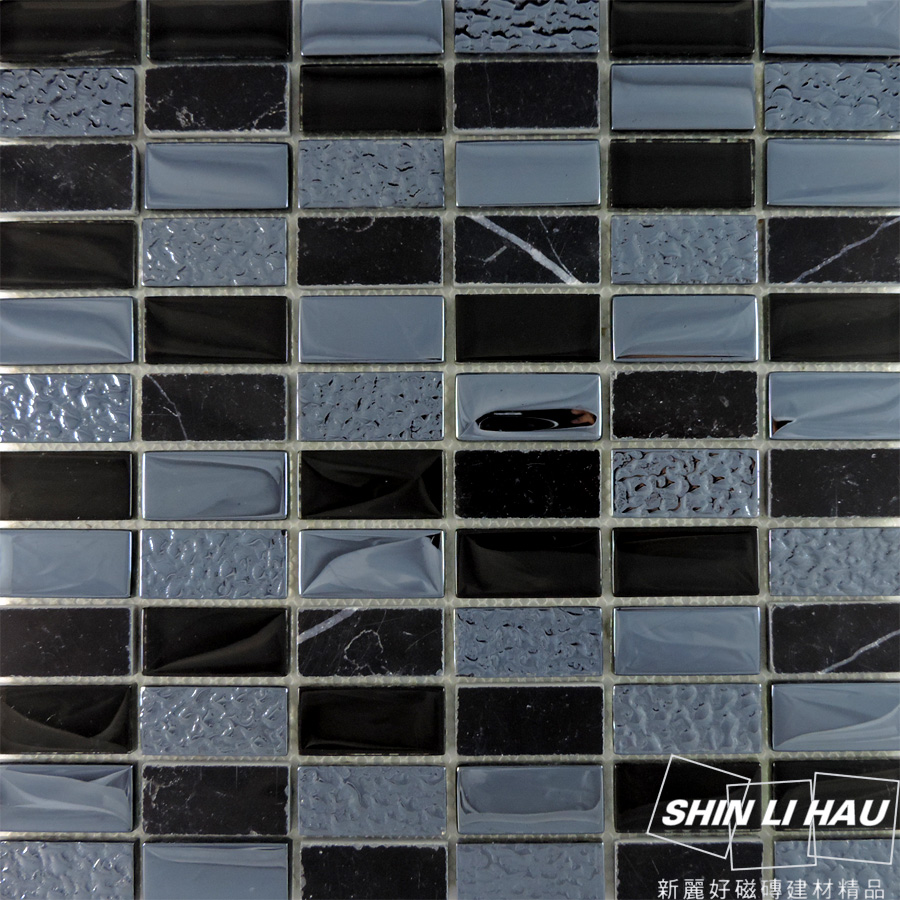 玻璃馬賽克-水石混拼[廚房、衛浴空間、主題牆適用] - 黑色(單顆尺寸:2.3x4.8x0.8CM)